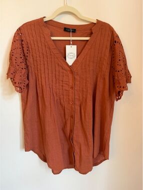 NWT Camisa Women's Fall Autumn Button-Up Blouse Eyelet Sleeves Rust Color XXL